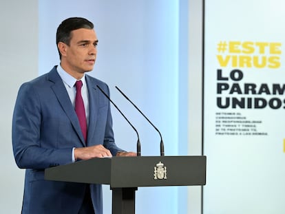 Pedro Sánchez, durante su comparecencia en La Moncloa, el sábado.