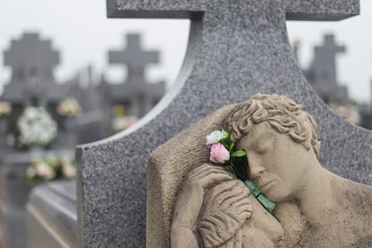 Unas flores embellecen una tumba en el cementerio madrileño de Manzanares el Real, este miércoles. 