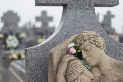 Unas flores embellecen una tumba en el cementerio madrileño de Manzanares el Real, este miércoles. 