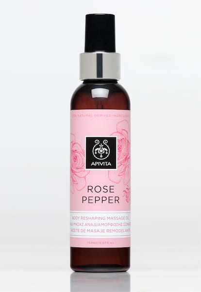 Aceite remodelante Rose Pepper de Apivita, 25 euros. Aceite hecho de ingredientes 100% de origen natural que tonifica la microcirculación del cuerpo y combate la grasa localizada y la celulitis con pocos minutos de masaje diario.Es una potente mezcla de 15 aceites esenciales: limón, ciprés, romero, bergamota, granada, pino, pomelo, naranja, jengibre, lavanda, pachulí, geranio, hinojo, nerolí.