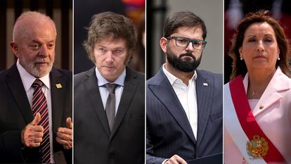 Los presidentes latinoamericanos Lula da Silva, Javier Milei, Gabriel Boric y Dina Boluarte.