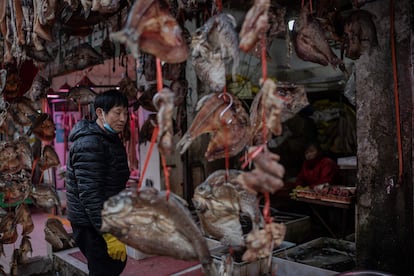 Un pescadero contempla su mercancía en un mercado de Wuhan