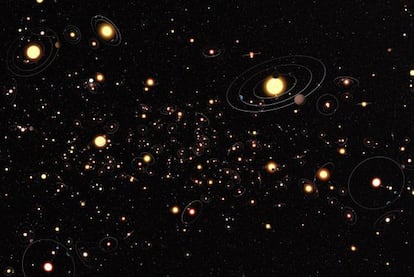 Ilustración que muestra la abundancia de sistemas planetarios en la Vía Láctea.