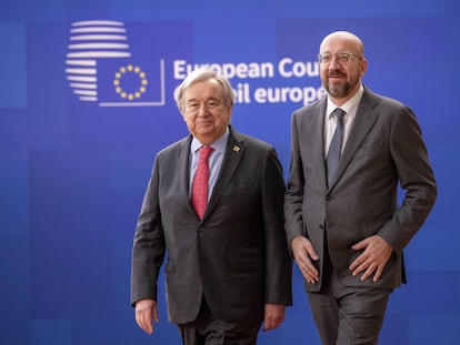 El secretario general de la ONU, António Guterres, y el presidente del Consejo Europeo, Charles Michel, en Bruselas este jueves.