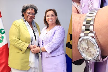 Dina Boluarte llevaba un Rolex Datejust con bisel de diamantes al reunirse con Mia Mottley, el 3 de noviembre de 2023.