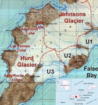 Mapa de situación de los dos glaciares próximos a la BAE Juan Carlos I, y sus cuatro lóbulos (salidas naturales al mar): el BAE, Argentina, Las Palmas y Sally Rocks.