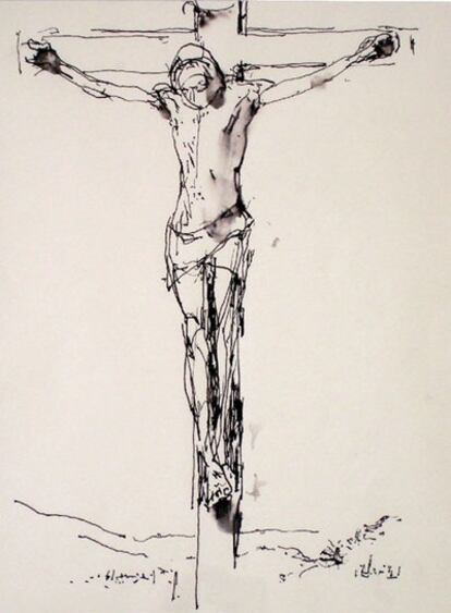 <i>Dibujo de la &#39;Crucifixión&#39;,</i> realizado por John Berger el Viernes Santo de 2008 en la National Gallery de Londres.