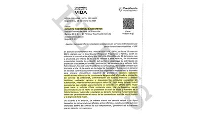 Esta carta muestra que el Director de la UNP, Augusto Rodríguez, estaba al tanto las denuncias en contra los escoltas de Sofía Petro.