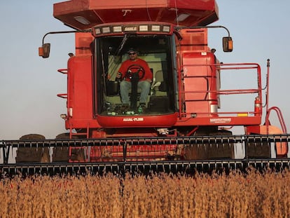 Un hombre trabaja con un tractor en un cultivo de soja en Iowa (EE UU).