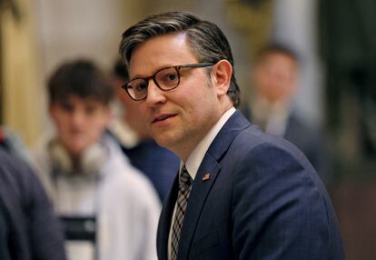 U.S. House Speaker Mike Johnson (R-LA) speaks to a tour group in the U.S. Capitol building in Washington, U.S., January 18, 2024.