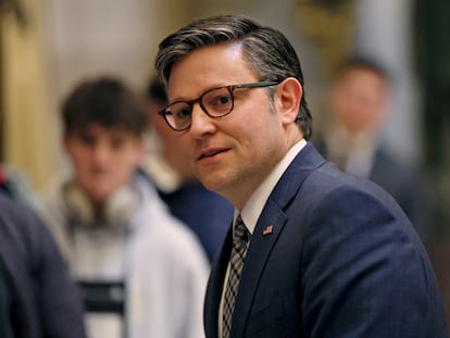 U.S. House Speaker Mike Johnson (R-LA) speaks to a tour group in the U.S. Capitol building in Washington, U.S., January 18, 2024.