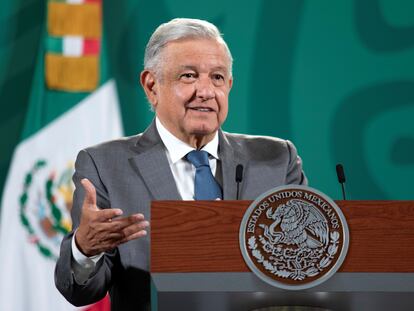 El presidente Andrés Manuel López Obrador en conferencia de prensa el 14 de julio.