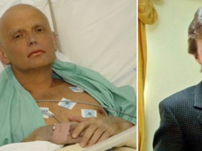 O ex-agente russo Alexander Litvinenko, em 2006, em um hospital de Londres. À direita, com seu livro, em maio de 2002