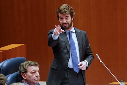 El vicepresidente de la Junta de Castilla y León, Juan García Gallardo, interviene en la sesión plenaria celebrada este martes en las Cortes.