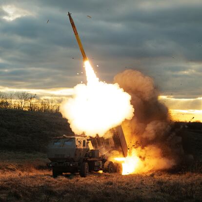 UNSPECIFIED, UKRAINE - DECEMBER 29: M142 HIMARS launches a rocket on Russian position on December 29, 2023 in Unspecified, Ukraine. M142 HIMARS proved to be a highly effective weapon, striking targets both on the front line and deep in the Russian rear. (Photo by Serhii Mykhalchuk/Global Images Ukraine via Getty Images)