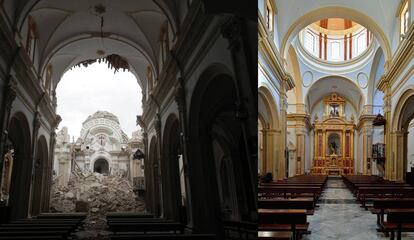 La iglesia de Santiago, en Lorca (Murcia), tras el terremoto y después de la restauración.