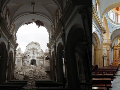 La iglesia de Santiago, en Lorca (Murcia), tras el terremoto y después de la restauración.