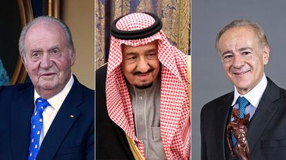 Desde la izquierda, el rey emérito Juan Carlos I, el rey de Arabia Saudí, Abdalá Bin Abdulaziz, y Allen Sanginés-
Krause.