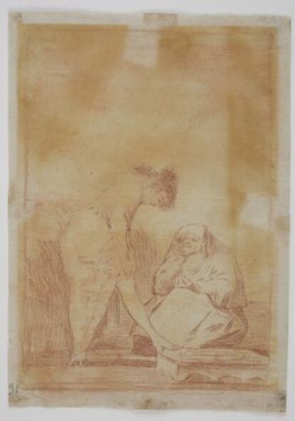 'Bien tirada está', Francisco de Goya. Dibujo preparatorio para el Capricho 17. Sanguina, 204 x 145 mm. h. 1797 (Madrid, Museo Nacional del Prado). La pintura antes de ser restaurada.