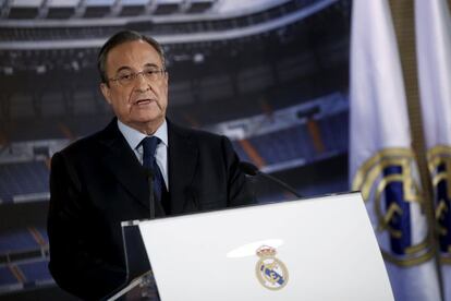 Florentino Pérez, en una rueda de prensa en el Bernabéu. 