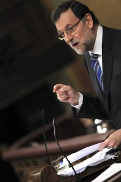 El presidente del Gobierno, Mariano Rajoy, durante su intervención en la sesión de control al Ejecutivo, esta mañana en el Congreso de los Diputados.