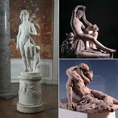 Varias de las obras de Antonio Canova que se exponen en Possagno. A la izquierda, <i>El príncipe Lubormirski</i> en su emplazamiento original, en el castillo de Lancut (Polonia); arriba, el yeso coloreado <i>Adonis coronado por Venus;</i> abajo, la terracota <i>Venus y Adonis.</i>