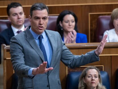 El presidente del Gobierno, Pedro Sánchez, en un momento de su intervención en la Cámara baja, este miércoles.