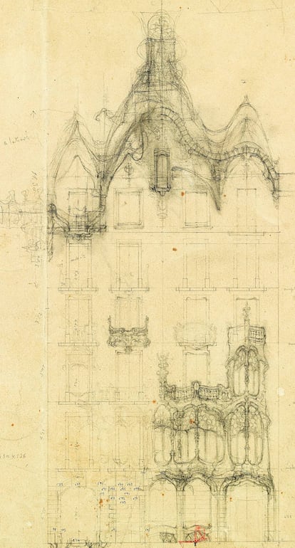 Dibujo original de Antoni Gaudí para el proyecto de la Casa Batlló de Barcelona. 1904