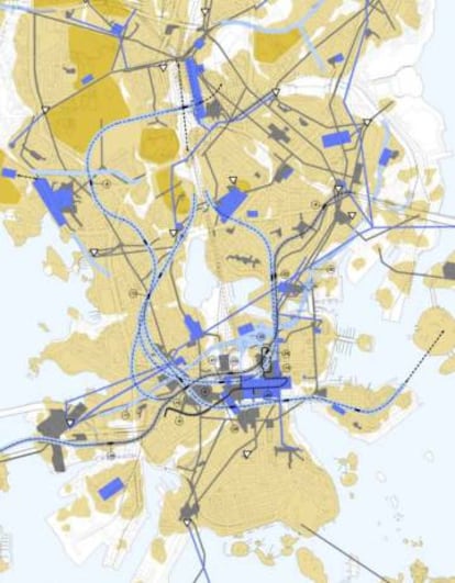 Mapa del plan suburbano de Helsinki. Azul claro: túneles; azul oscuro: infraestructuras estratégicas; amarillo: tipo de roca; gris: ya finalizado. El 70% son facilidades del Gobierno y son secretas.