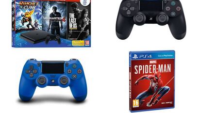 Arriba a la izquierda: PS4 de 1 TB y 3 juegos: 'Ratchet & Clank', 'Uncharted 4' y 'The Last of US'; abajo, mando DualShock 4 y a la derecha, el videojuego 'Marvel's Spider-man'.
