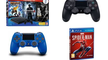 Arriba a la izquierda: PS4 de 1 TB y 3 juegos: 'Ratchet & Clank', 'Uncharted 4' y 'The Last of US'; abajo, mando DualShock 4 y a la derecha, el videojuego 'Marvel's Spider-man'.