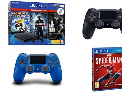 Arriba a la izquierda: PS4 de 1 TB y 3 juegos: 'Ratchet & Clank', 'Uncharted 4' y 'The Last of US'; abajo, mando DualShock 4 y a la derecha, el videojuego 'Marvel's Spider-man'.