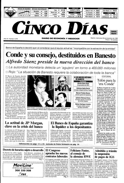 1993: caída de Mario Conde. El Banco de España se ve obligado a intervenir Banesto y destituir a toda la cúpula, tras una huida hacia delante de la entidad desde que Mario Conde sustituyera a López de Letona a finales de 1987, tras la opa del Bilbao paralizada por la Bolsa de Madrid. Es el exponente paradigmático del final de la primera crisis bancaria.