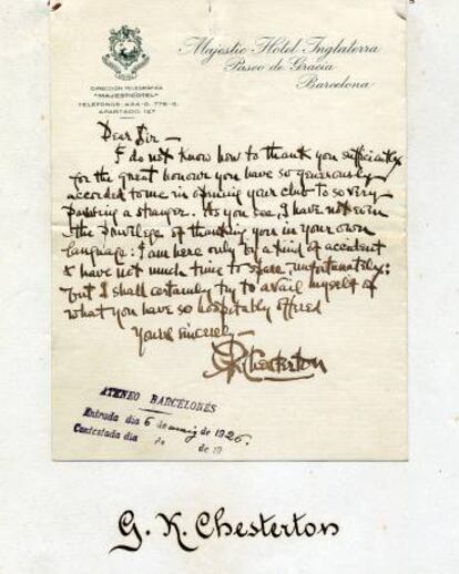 Chesterton va visitar l’Ateneu Barcelonès el maig del 1926.
