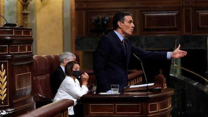 El presidente del Gobierno, Pedro Sánchez, durante su intervención en el pleno del Congreso, a finales de julio.