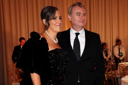 Christopher Nolan with his producer and wife, Emma Thomas, at the Golden Globes on January 7, 2024
