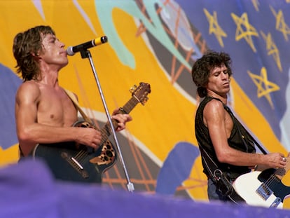 Mick Jagger e Keith Richards em San Francisco em outubro de 1981, durante a turnê do álbum 'Tattoo You'.