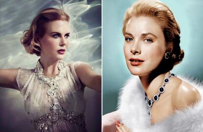 Nicole Kidman caracterizada como Grace Kelly, a la derecha.