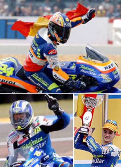 Arriba, Toni Elías; abajo, a la izquierda, Sete Gibernau; a la derecha, Dani Pedrosa, los tres triunfadores en Le Mans.