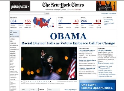 OBAMA. En mayúsculas. No hay otro nombre propio que resuma el "cambio". 'The New York Times' destaca en su edición digital como la barrera racial cae tras estas elecciones en la que los votantes optaron por otra forma de hacer política.