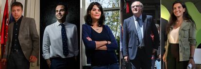 Candidatos a la Comunidad de Madrid que acudirán al debate organizado por EL PAÍS y la cadena SER. Desde la izquierda: Íñigo Errejón, de Más Madrid; Ignacio Aguado, de Ciudadanos; Isabel Serra, de Unidas Podemos; Ángel Gabilondo, del PSOE; y Rocío Monasterio, de Vox.