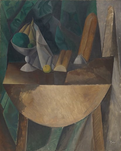 'Panes y frutero con frutas sobre una mesa' ('Pains et compotier aux fruits sur une table'). Óleo sobre lienzo, 163,7 x 132,1 cm. París, invierno de 1909.  Kunstmuseum Basel, adquirido con una contribución del doctor h. c. Richard Doetsch-Benziger, 1951.