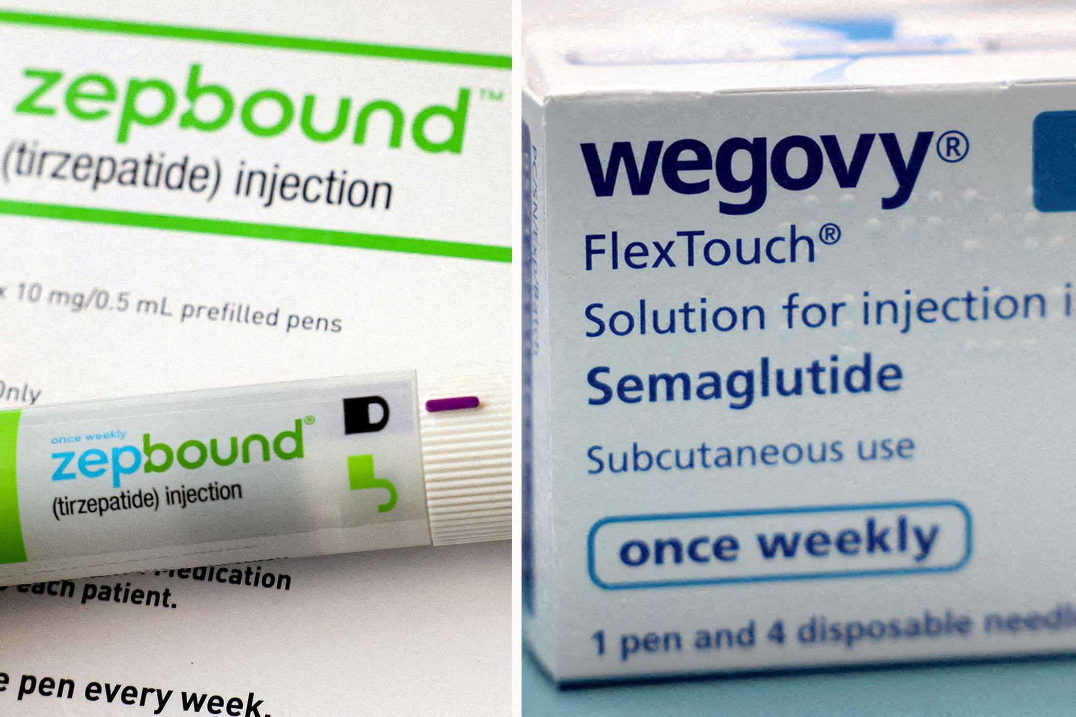 Montaje con una inyección de Zepbound (nombre comercial de Mounjaro en EE UU), el medicamento para perder peso de Eli Lilly, y una caja de Wegovy (Ozempic), de Novo Nordisk.