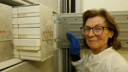 La doctora Anne McLaren, en el Museo de Historia Natural de Londres.