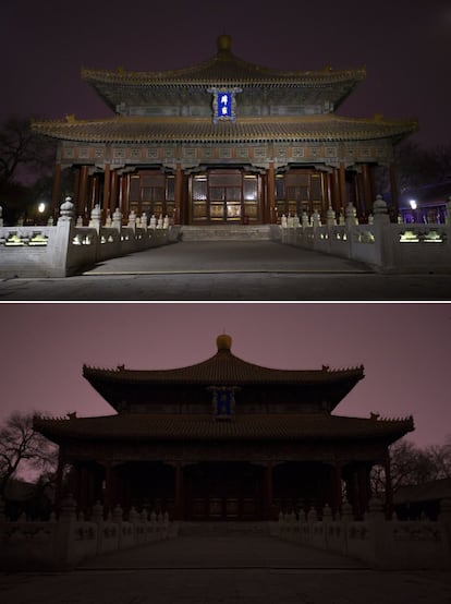 En estas dos imagen el palacio Biyong dentro de la Academia Imperial Guozijian se muestra antes y después de su iluminación apagada para marcar Hora de la Tierra en Beijing, el sábado, 19 de marzo.