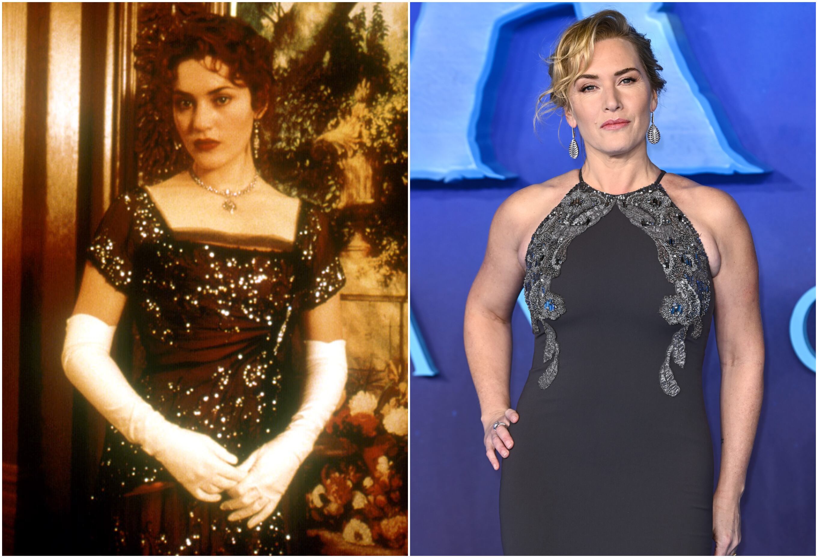 A la izquierda, Kate Winslet en el rodaje de 'Titanic'; a la derecha, en el estreno de 'Avatar: El sentido del agua', este mes de diciembre. 