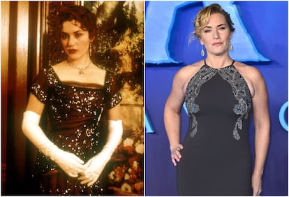 A la izquierda, Kate Winslet en el rodaje de 'Titanic'; a la derecha, en el estreno de 'Avatar: El sentido del agua', este mes de diciembre. 