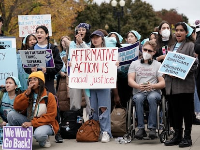 Protestors in favor of affirmative action demonstrate in front of the Supreme Court in Washington D.C. on Monday, October 31, 2022.