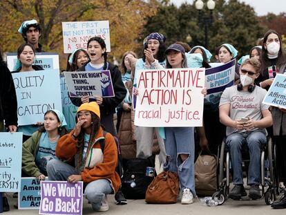 People rallied outside the Supreme Court as it began to hear arguments in two cases involving affirmative action in college admissions, on October 31, 2022.