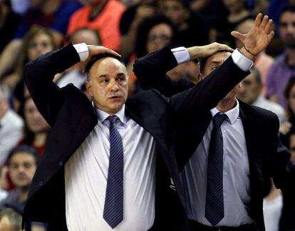 Pablo Laso, durante el partido ante el FC Barcelona, correspondiente al quinto choque del Play off final de la liga ACB.